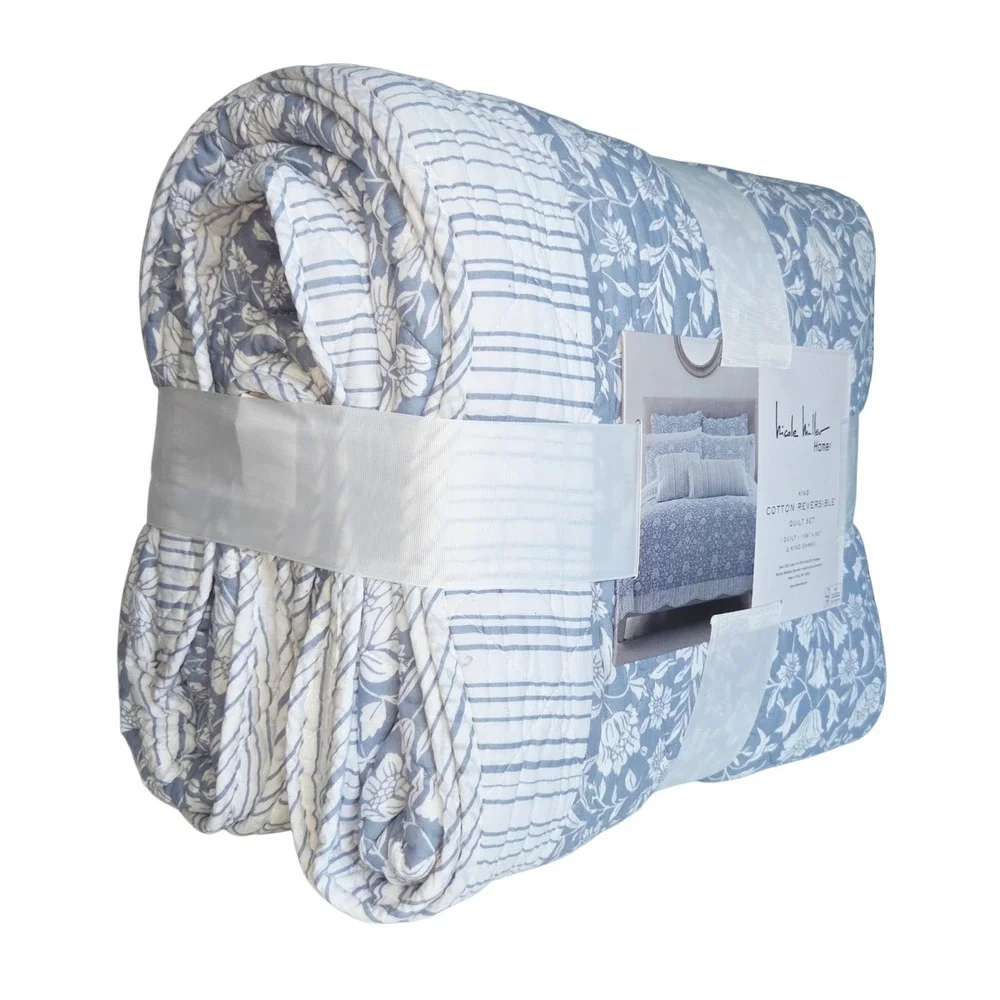 Nicole Miller Home Cotton King Quilt Set 3pc Reversible Floral Stripe Blue White